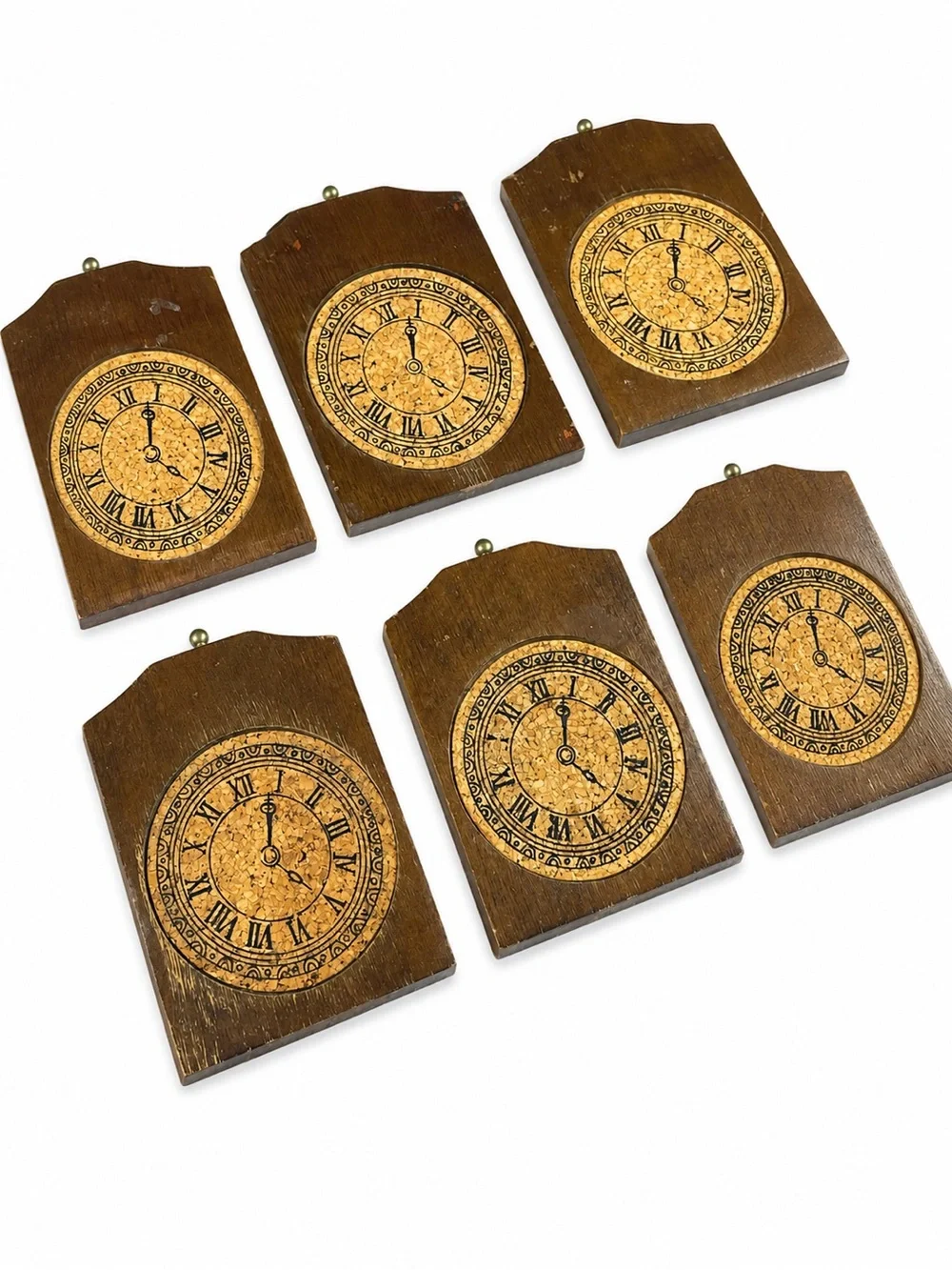 vintage 1970s Enesco wooden mantel clock coaster set